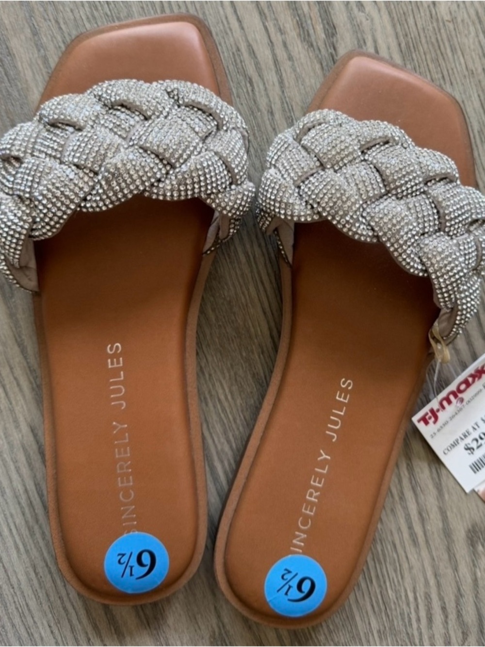 Sincerly Jules Braided Crystal Slide Sandals in Silver and Tan